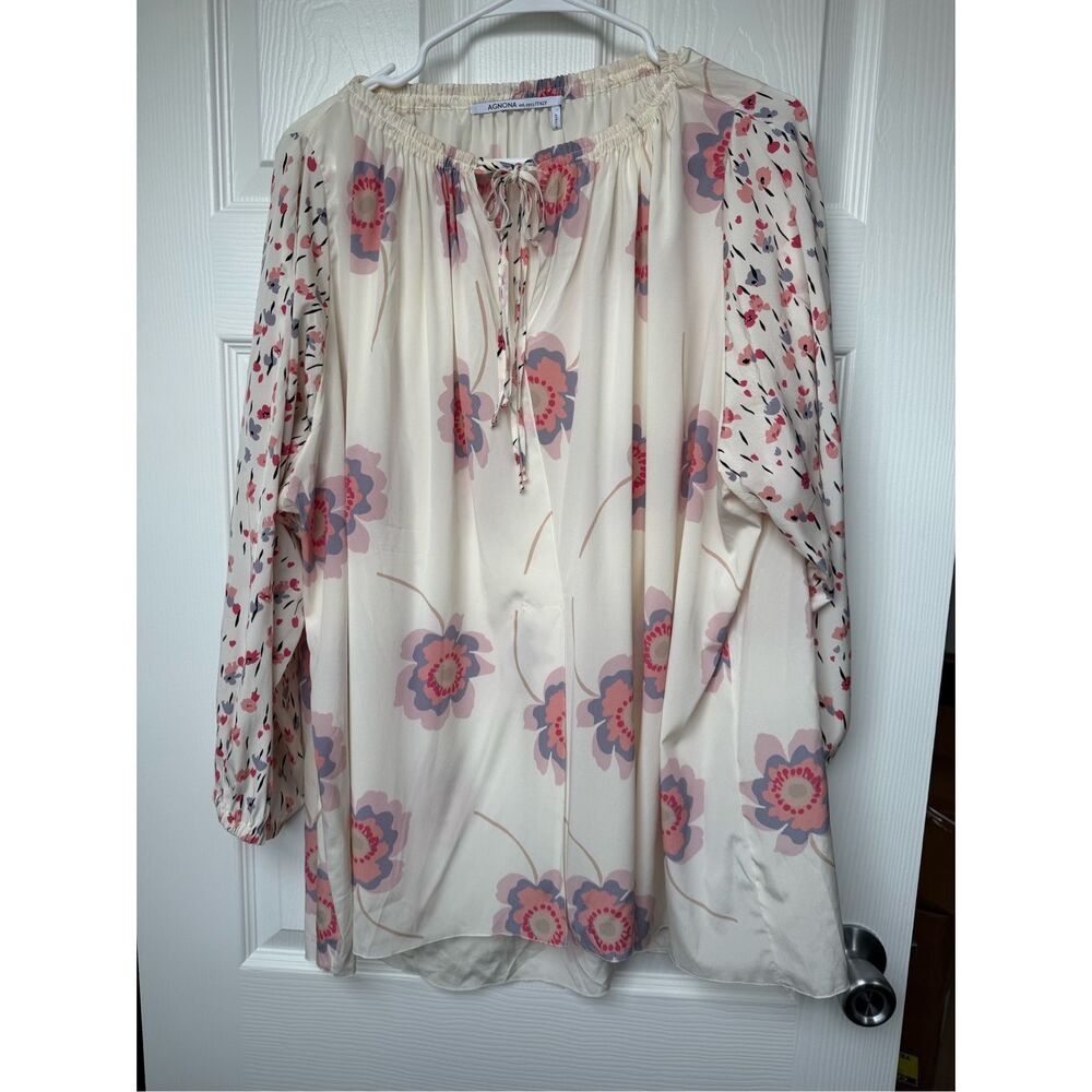 Agnona Silk Blouse Medium Womens Oversized Floral Long Sleeve Pink Cream Italy